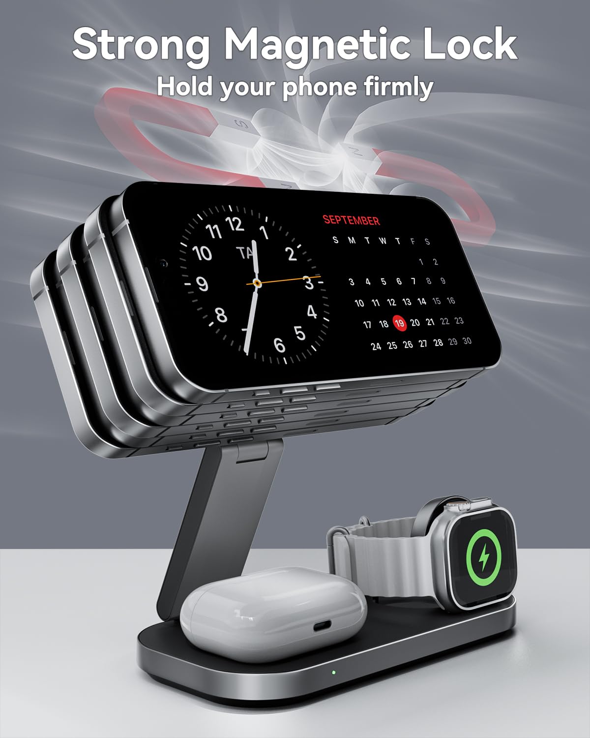 3‑in‑1 Wireless‑Ladestation mit Qi2 25 W, magnetisch und faltbar, kompatibel mit Mag‑Safe für iPhone Serie/Apple Watch & Air‑Pods