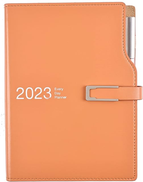 Academic Diary 2023 A5 Day to Page,Schedule Organizer with Calendar Stickers, Agenda Diary Planner with Pen Holder and Pen,Premium Thicker Paper 14 X 21.5 cm (Orange)