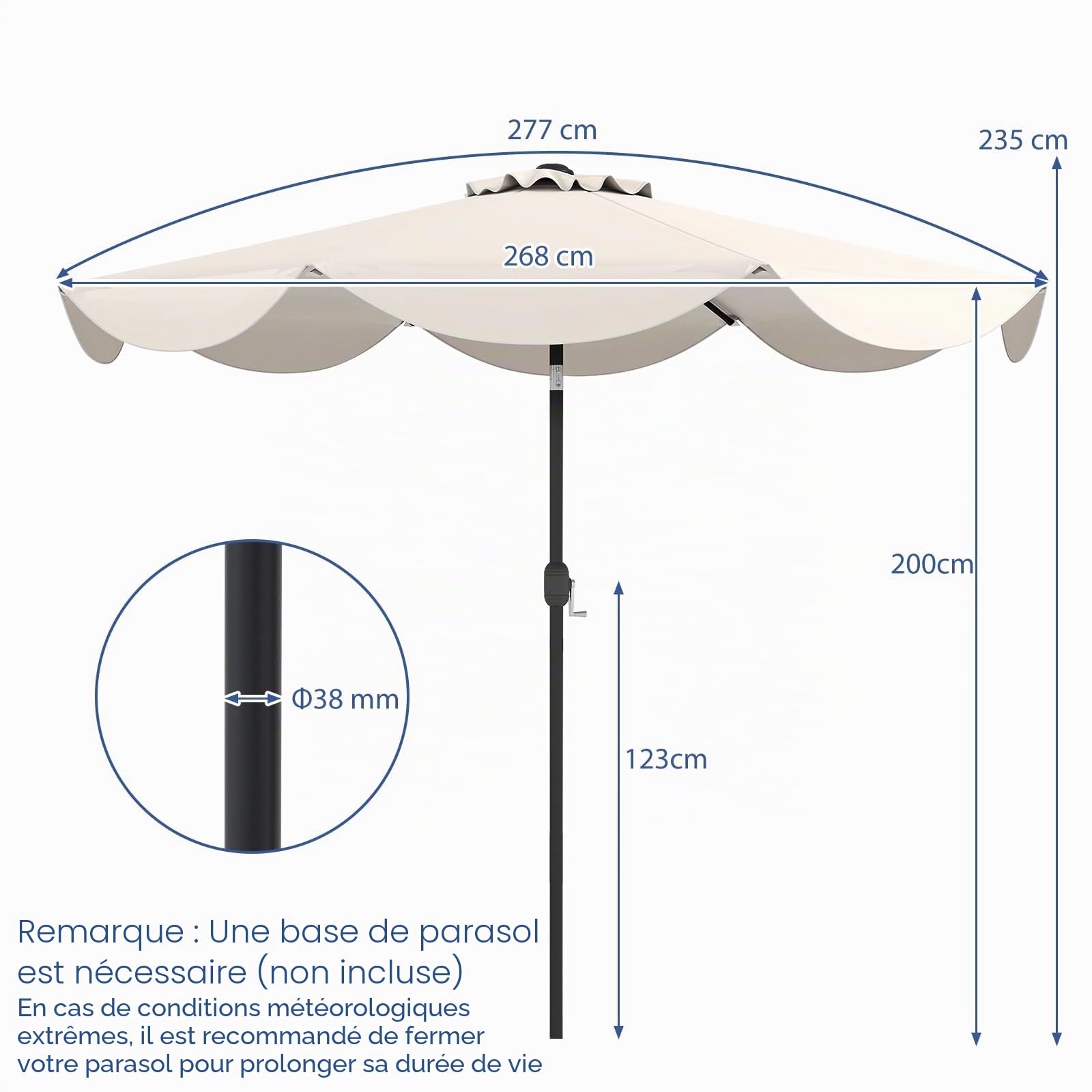 RELAX4LIFE 2,7M Parasol Inclinable à Volants pour Terrasse Balcon Piscine, Parasol de Jardin Extérieur à 8 Baleines, Protection UV, Polyester Résistant, Manivelle, Loquet de Sécurité, Attache