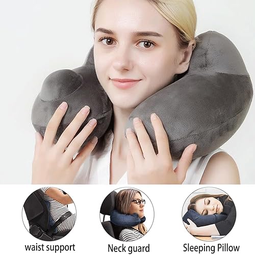 Miniatura 6 de Almohada de viaje autoinflable portátil con soporte ajustable para cuellobarbilla, para fundas lavables y mochilas utilizadas en aviones, trenes,