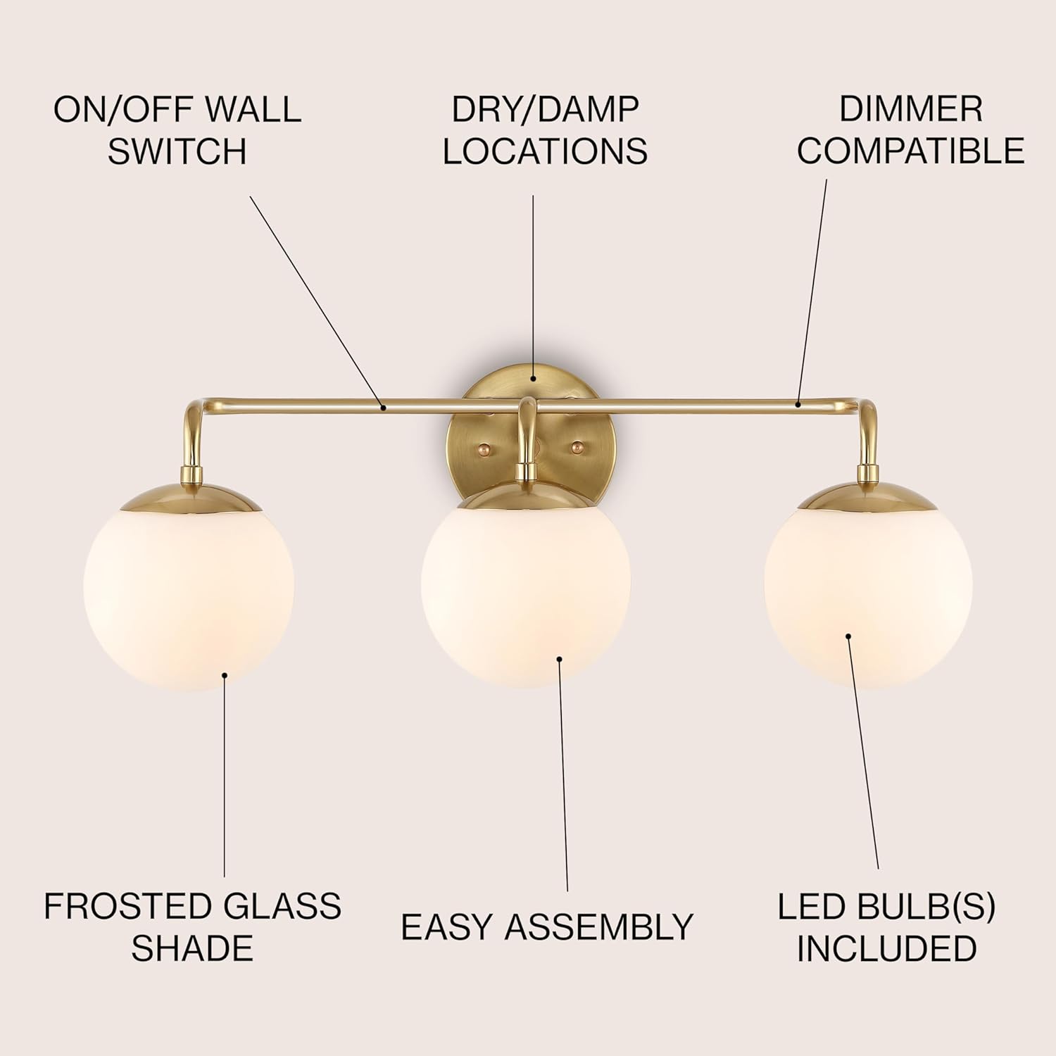 JONATHAN Y 25" Brass Gold Modern Globe Wall Sconce Vanity Light for Bathroom, White Frosted Glass Shade, Midcentury Parisian Bistro Wall Lamp, LED Bulb Included (JYL3536A)