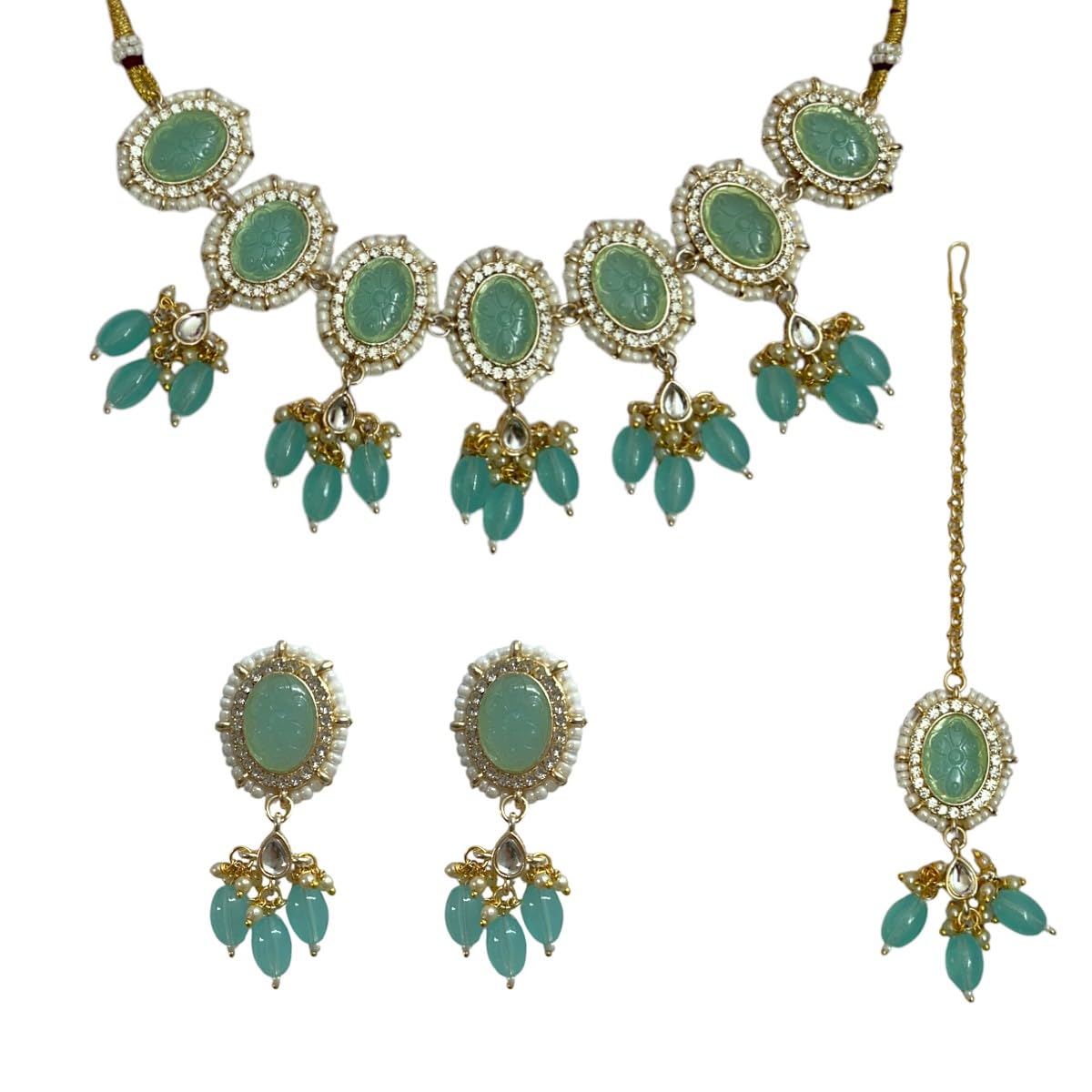 accessher Choker Necklace- Oval Stones With Floral Design Outlined With Beaded Pearls & AD, With Matching Maangtikka and Earring Set For Women and Girls-picture-30