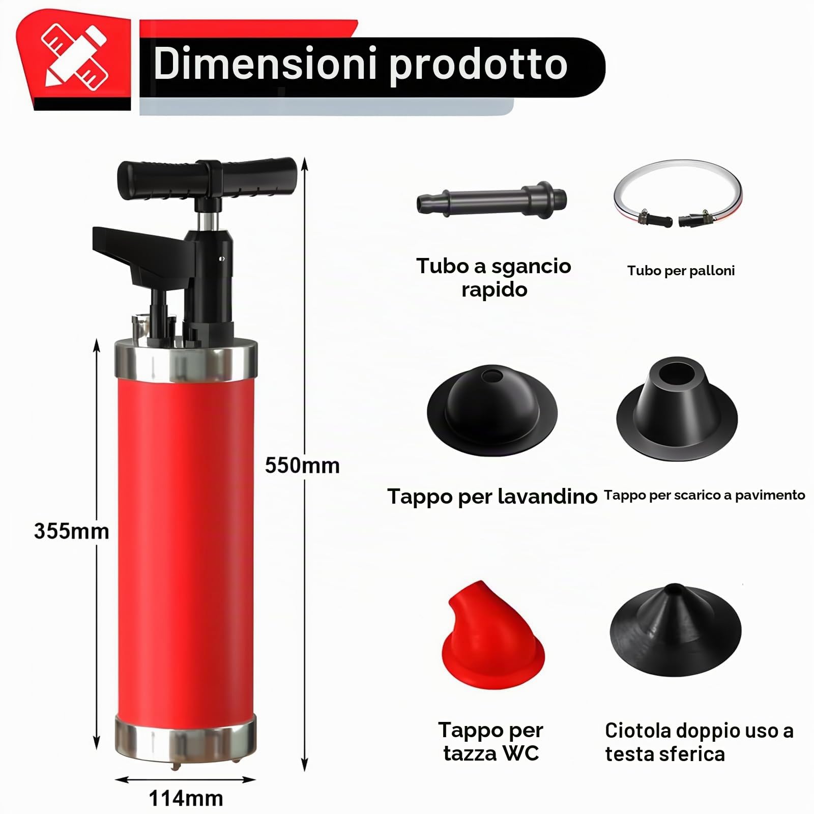 Sturalavandini a Pressione con 4 Ventose, Pompa Stura Scarichi a Pressione con Barometro, Sturalavandino ad Aria Compressa, Stura WC, per Cucina Bagno Lavandino