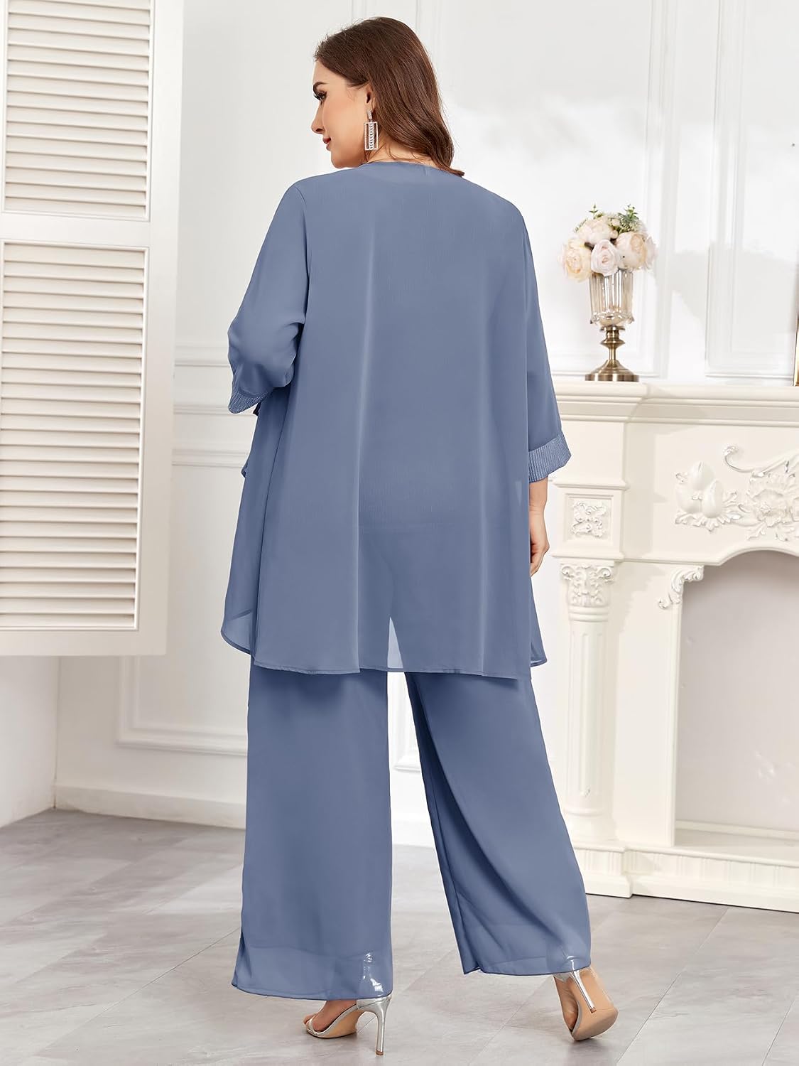 Plus Size 3 Piece Formal Pantsuit Mother of The Bride Groom Sets with Chiffon Jacket Sparkly Wedding Cocktail Outfits
