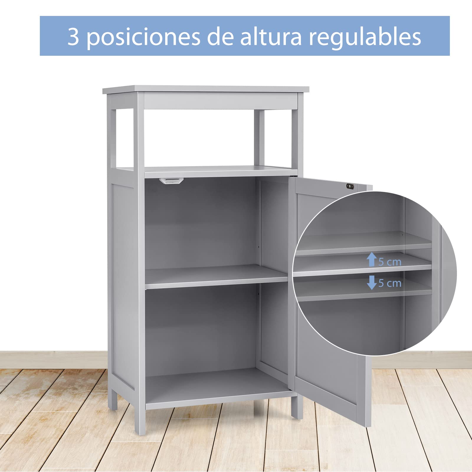 COSTWAY Armario Baño, Mueble Baño con Estante y 1 Puerta, Estante Ajustable, Mueble Auxiliar Baño, 45 x 30 x 84 cm, Salón, Cocina (Gris)