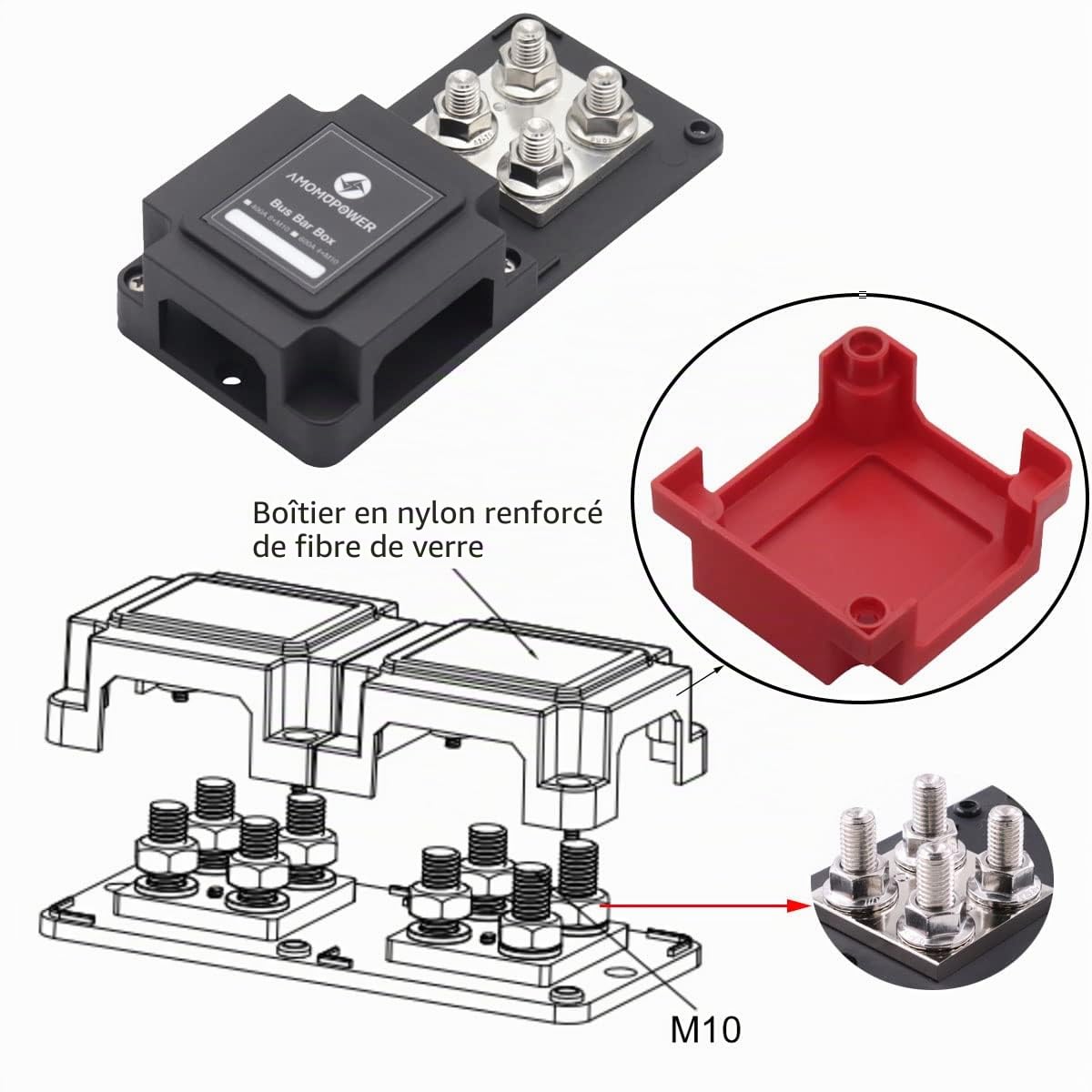 Bornier 12V-48V cc Bus Bar 400A barre de bus en cuivre Heavy Duty, 8X M10 double tête boulon terminal panneau de distribution 400 Amp batterie boîte de bus avec couvercle noir et rouge