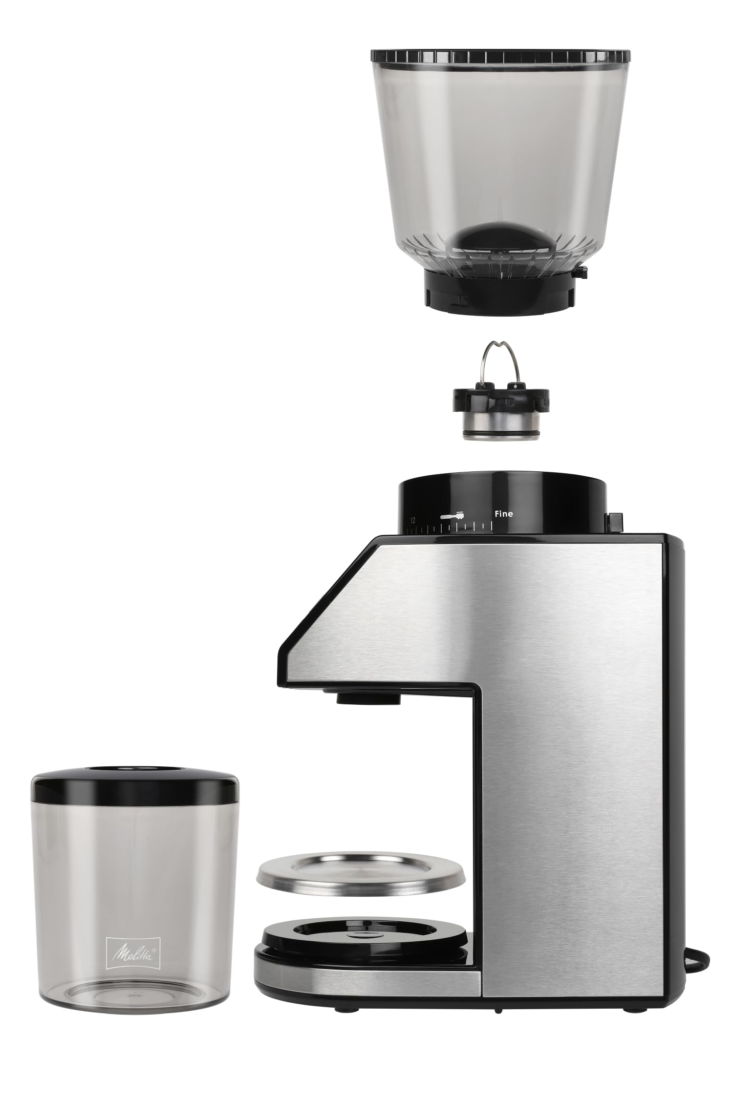 Melitta Calibra Kaffeemühle - Elektrische Kaffeemühle mit Kegelstahlmahlwerk für bis zu 375g Kaffeebohnen und integrierter digitaler Waage, 39 individuellen Mahlstufen, schwarz/Edelstahl