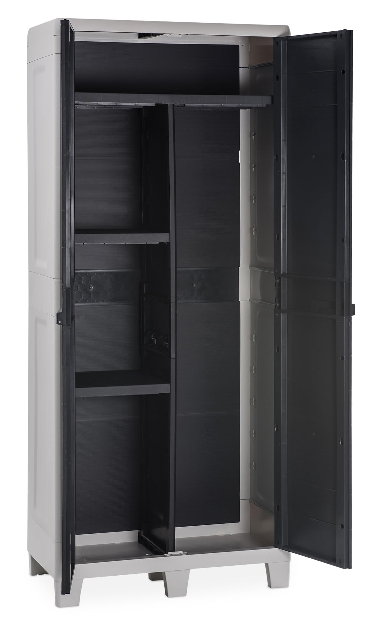 Toomax Armadio Portascope Woody's XL 78x46x182h cm in plastica resistente effetto legno grigio chiaro/antracite, 4 ripiani regolabili, piedini e predisposizione per lucchetto, per ripostigli e garage