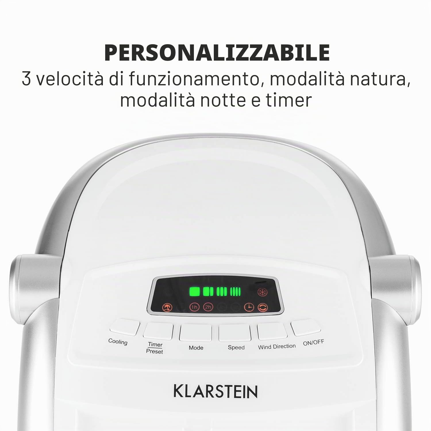 Klarstein Condizionatore Portatile 65W, 4in1, Climatizzatore Portatile, Raffrescatore Aria ad Acqua, Ventilatore, Deumidificatore, Silenzioso con Night Mode, 444m³/h, Serbatoio da 6L, Bianco Zinco