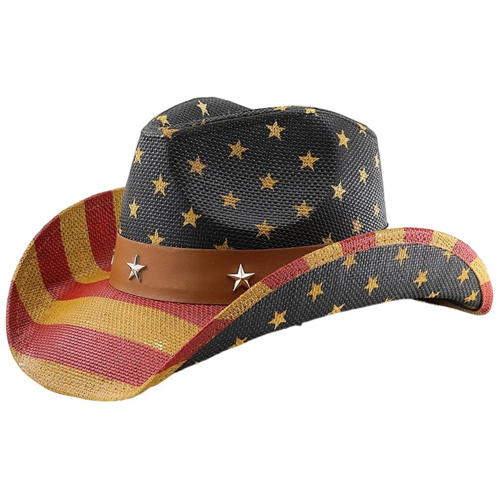 Sslvya American Flag Cowboy Hat for Men Women, Usa Flag Vintage Patriotic Cowgirl Hat for 4th of July Western Party Costume