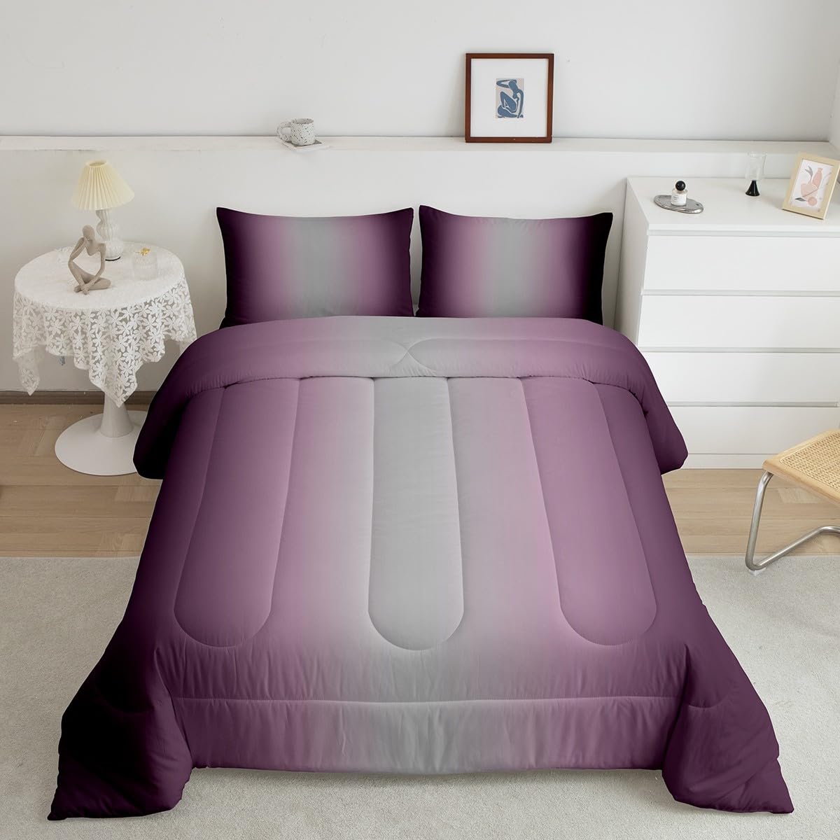 Erosebridal Purple and Grayish White Comforter Set Twin for Girls Boys Kids,Rainbow Ombre Bedding Set Aesthetic Room Decor for Women Men,Gradient