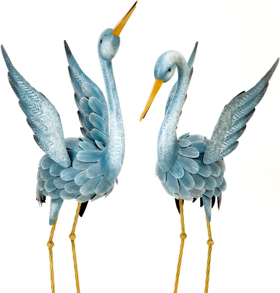 Bits and Pieces - Japanese Blue Heron Metal Sculpture Set - Two Standing Cranes Perfect for Garden Décor - Metal Garden Art, Outdoor Lawn and Patio Décor, Backyard Sculpture, and Decoration