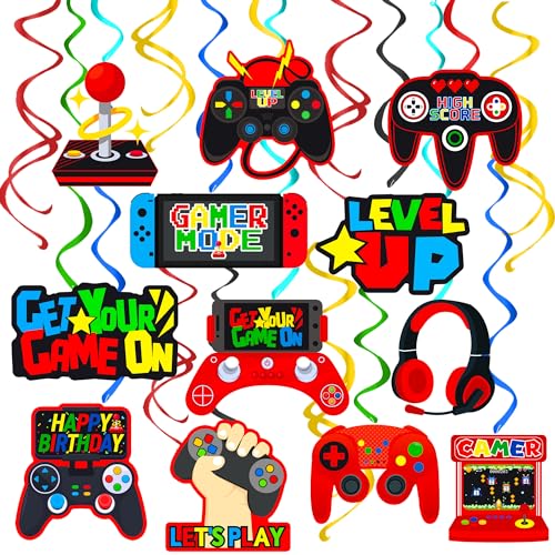 umoni Video Game Birthday Hanging Swirls Red Video Game Party Decorations 20Pcs On Ceiling Streamers Gaming Birthday Party Hanging Decorations or Level Up Baby Shower Supplies