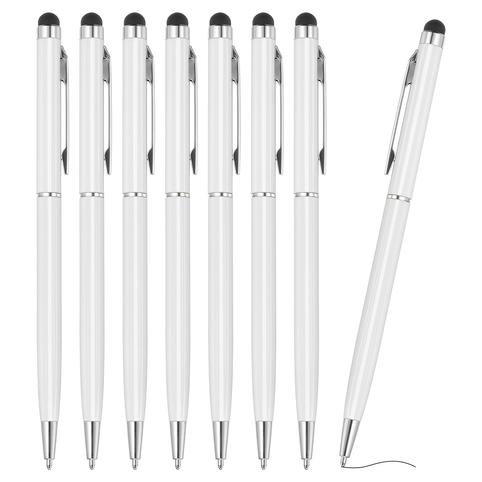 PATIKIL Ballpoint Pen with Stylus Tip, 8Pcs 2 in 1 Slim Metal Black Ink 1.0mm Medium Point Stylus Pen for Touch Screens Office Desk, White