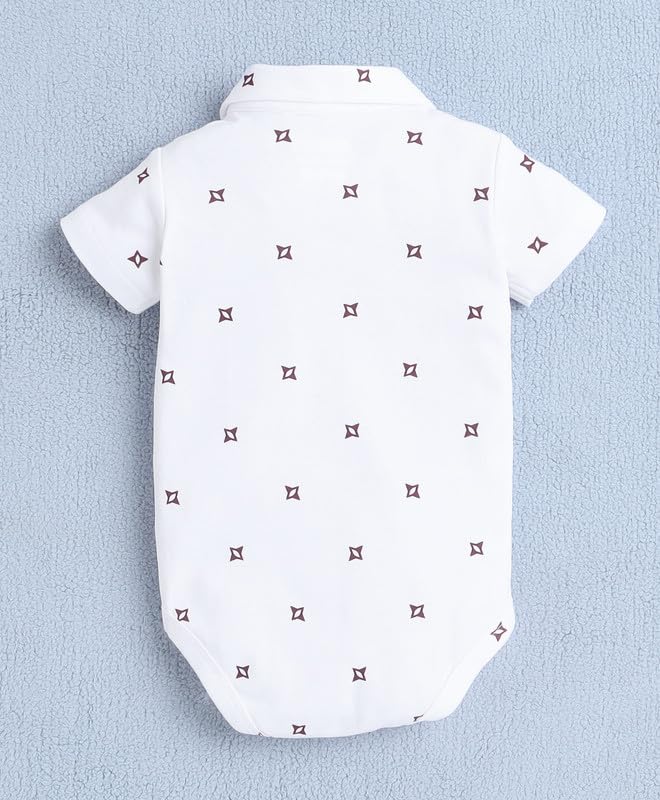Image of BUMZEE Baby Boys Regular Fit Half Sleeves Collar Neck Cotton Bodysuit & Short Set With Bow Suspender & Cap