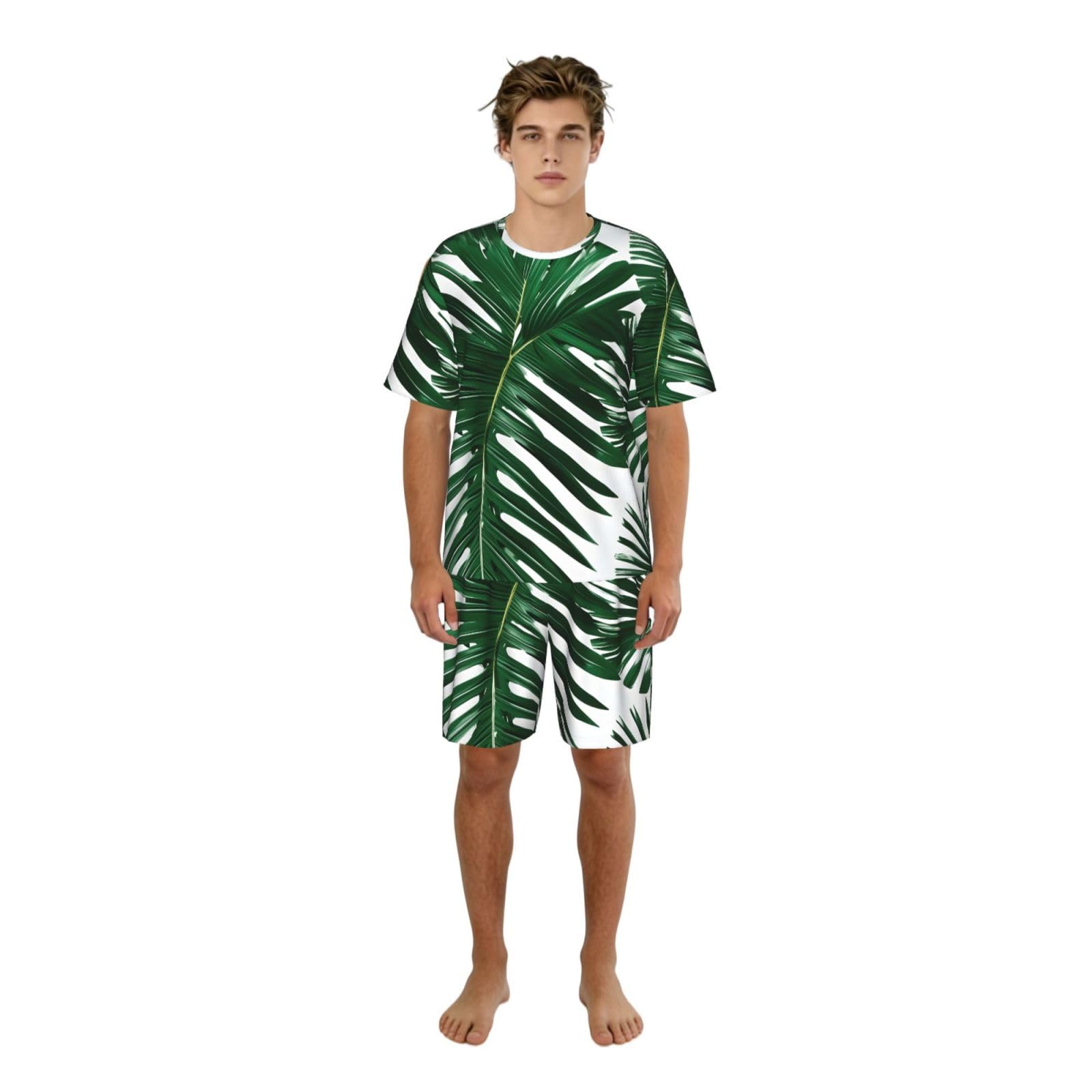 Conjunto de pijama clásico con estampado de hojas de palma verde para hombre, pantalones cortos de pijama suaves para hombre, perfecto para las noches de verano