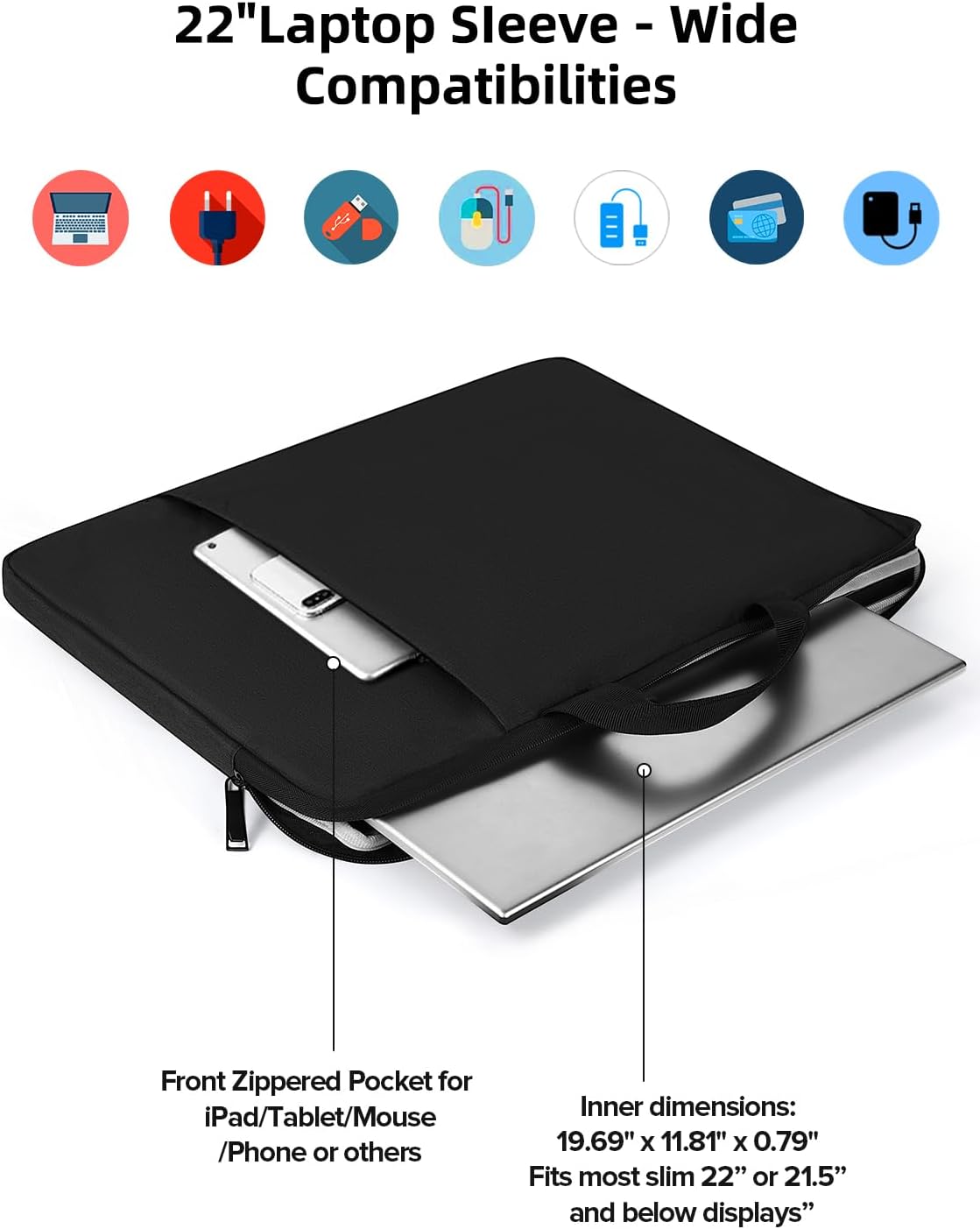 UPERFECT Laptop Sleeve 22-inch for Laptop/Portable Monitor/Notebook/Tablet with Large Capacity Side Pockets & Durable Handle-Waterproof/Shockproof-Padded Compartments-Zippered Accessory Storage - Image 3