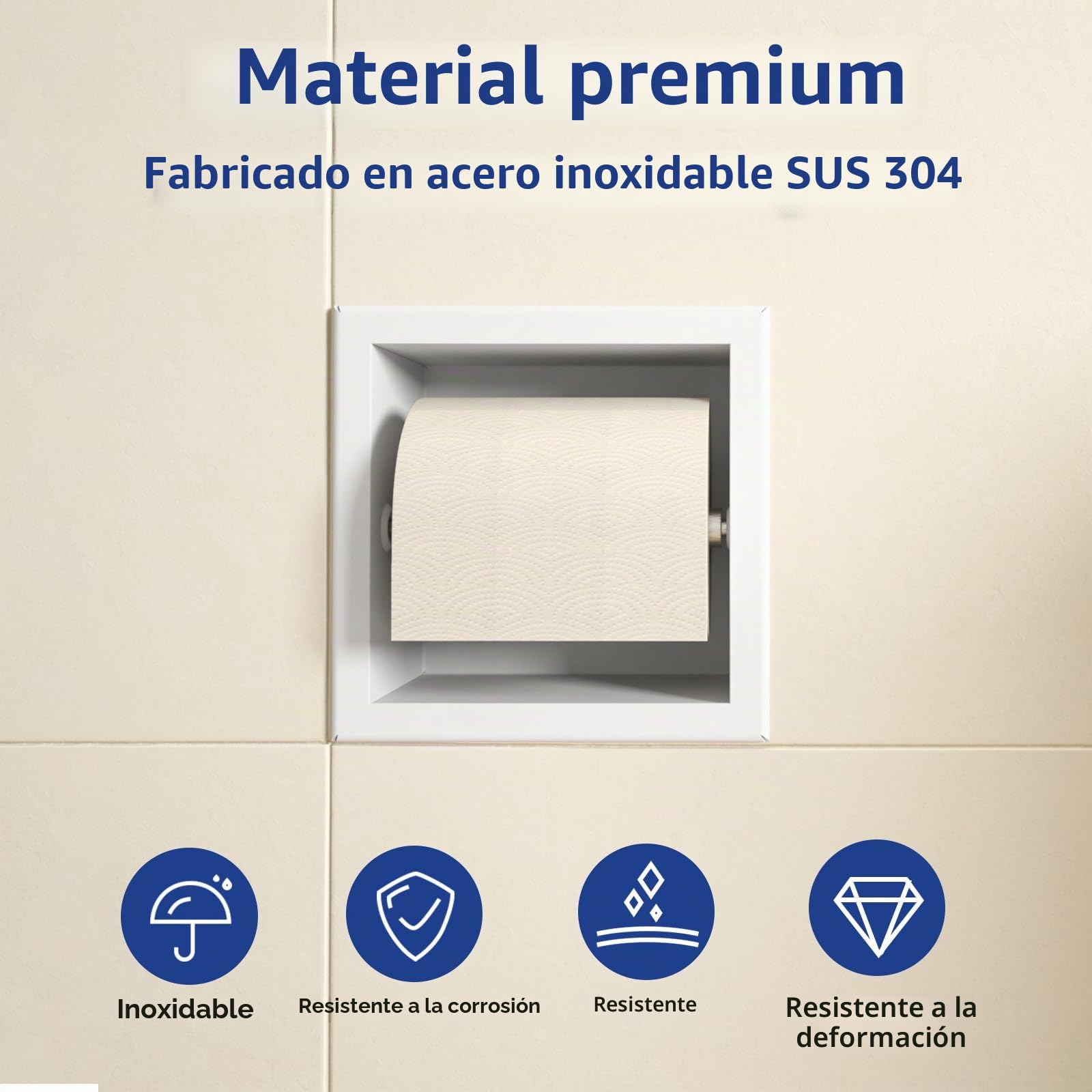 Soporte de papel higiénico empotrado de acero inoxidable para cuarto de baño, 17,3 x 17,3 x 8,7 cm, color blanco