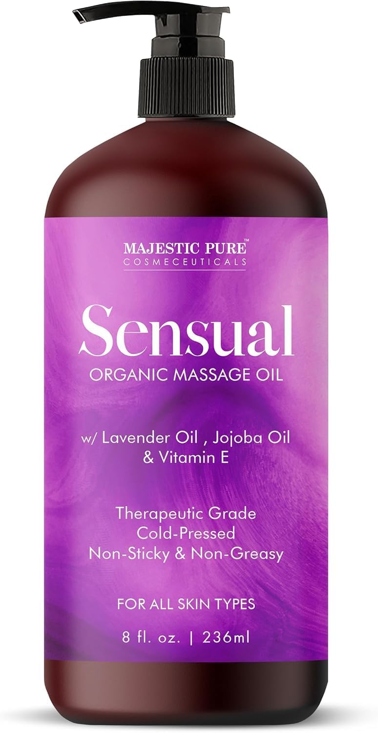 MAJESTIC PURE Organic Sensual Massage Oil for Massage Therapy - Refreshing, and Relaxing - Natural Oils for Date Night with Vitamin E - for All Skin Types - Men and Women Massage Lotion- 8 fl oz