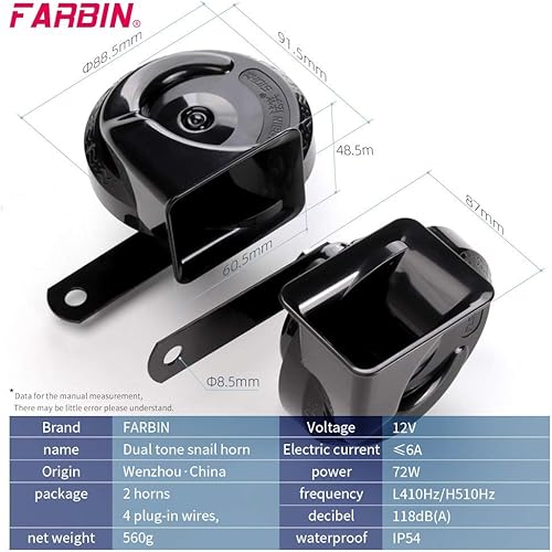 Miniatura 7 de FARBIN Bocinas universales de 12 V para automóvil, bocinas de vehículo ruidosas, kit de bocina de caracol de doble tono con arnés de relé (bocina