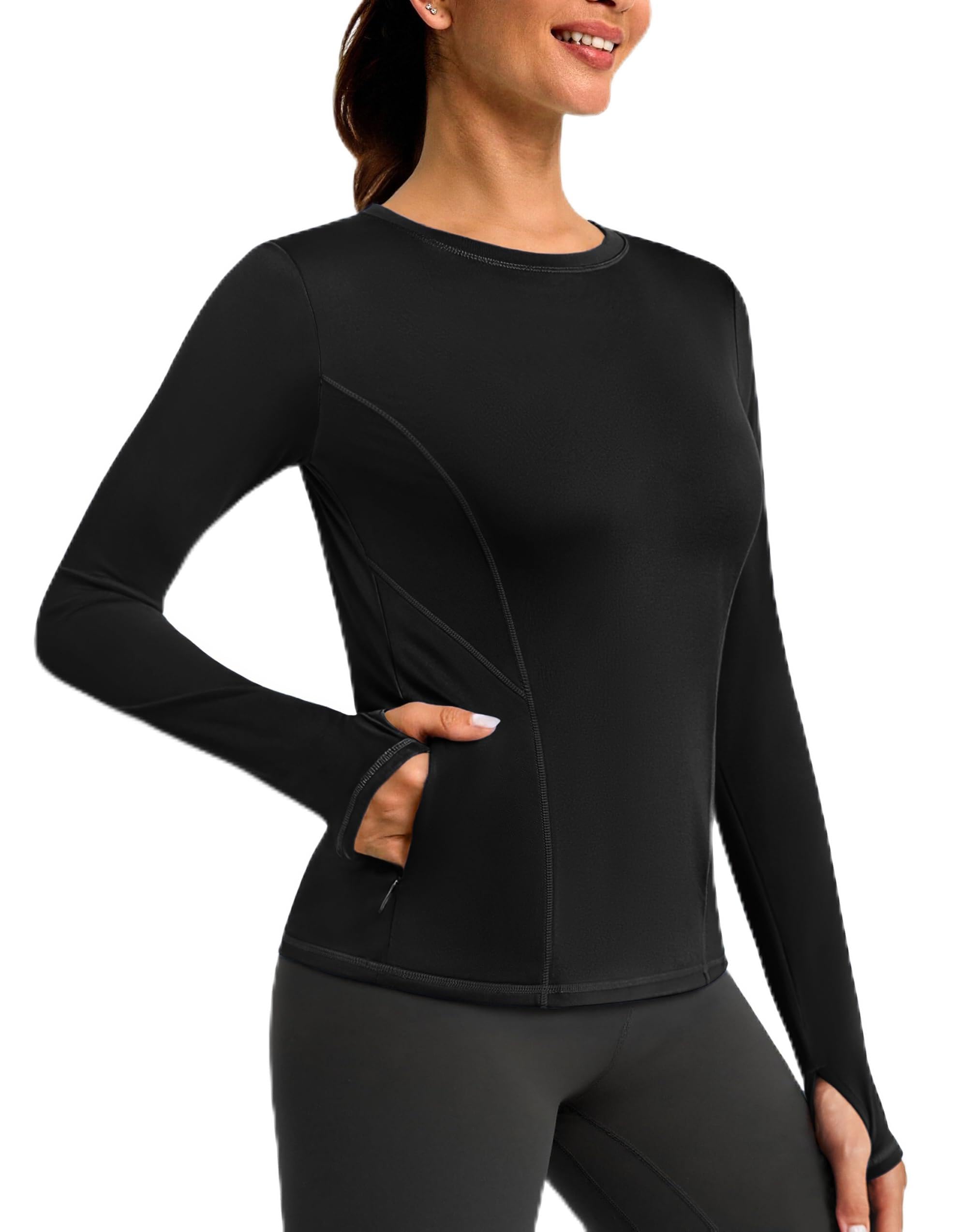 PINSPARK Sportshirt Damen Langarmshirt Rundhals Laufshirt Fleece Thermo Funktionsshirt Winter Yoga Tops Fitness Oberteile mit Daumenlöche
