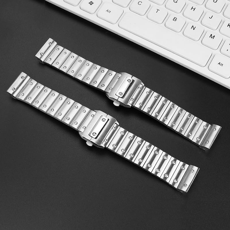 AXUEQIN Solid Stainless Steel Watch Band For Cartier Santos 100 Series Men's Wristband Bracelet 23mm Butterfly Buckle Watch Accessories (23mm,Silver)