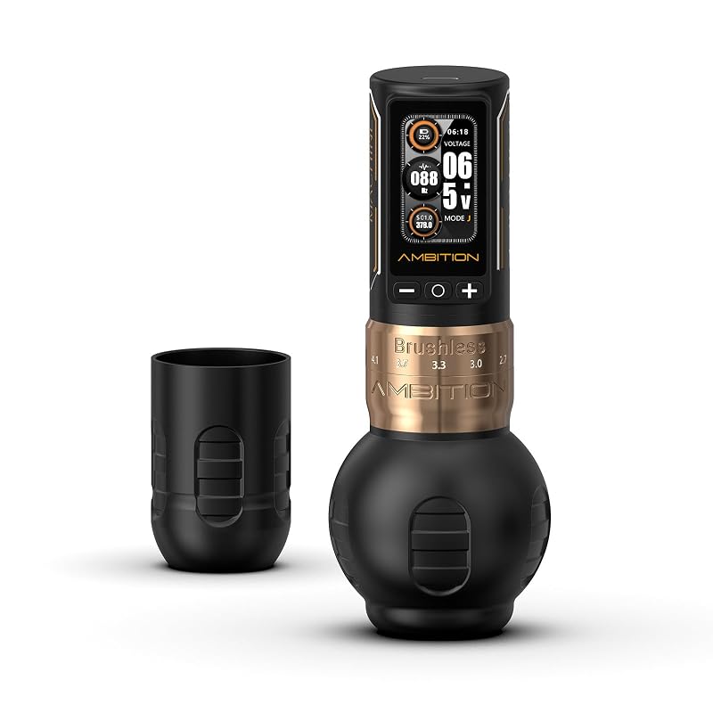 Ambition Ninja Max 280 Máquina de Tatuagem Sem Fio com Motor Brushless, Torque de 280 g.cm, 7 Ajustes de Curso de 2,4 a 4,5 mm e Bateria de 2400 mAh, com Empunhaduras de 54 mm e 34 mm
