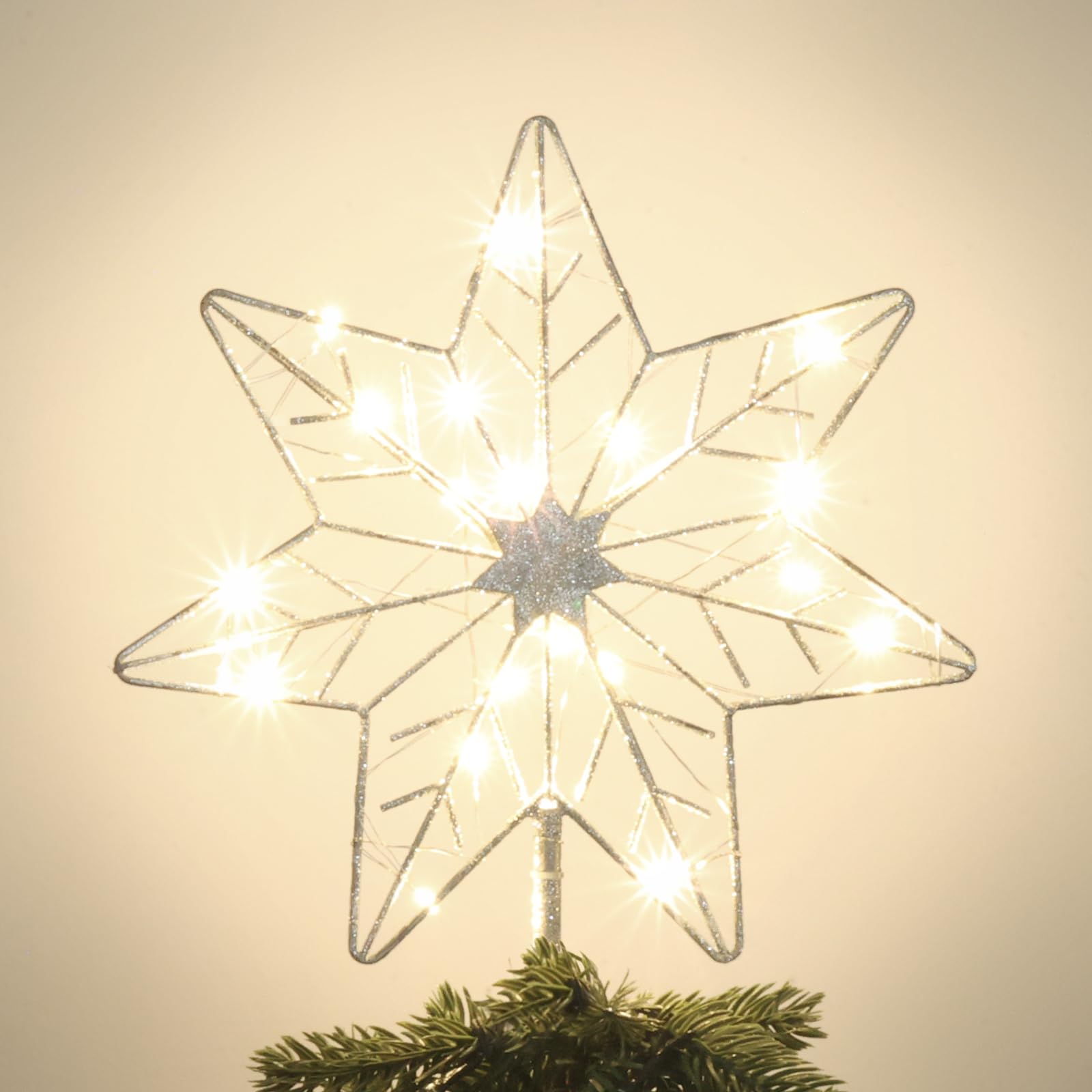YEAHOME Christmas Tree Topper, Silver Glittered Hollow 7-Point Star Tree Topper, Lighted Wire Star with 20 LED Lights for Christmas Treetop, Xmas Tree Topper with Timer, Christmas Tree Decorations