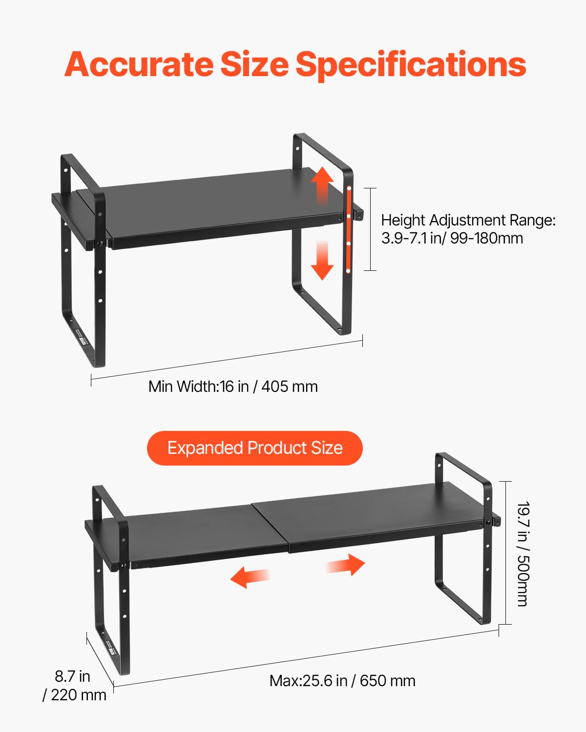VEVOR Organizzatore per Ripiani Regolabili per Mobili, Ripiano Espandibile a 2 Livelli di Stoccaggio per Dispensa, Organizzatore Impilabili da Banco per Cucina, Bagno, Nero 650x220x500 mm