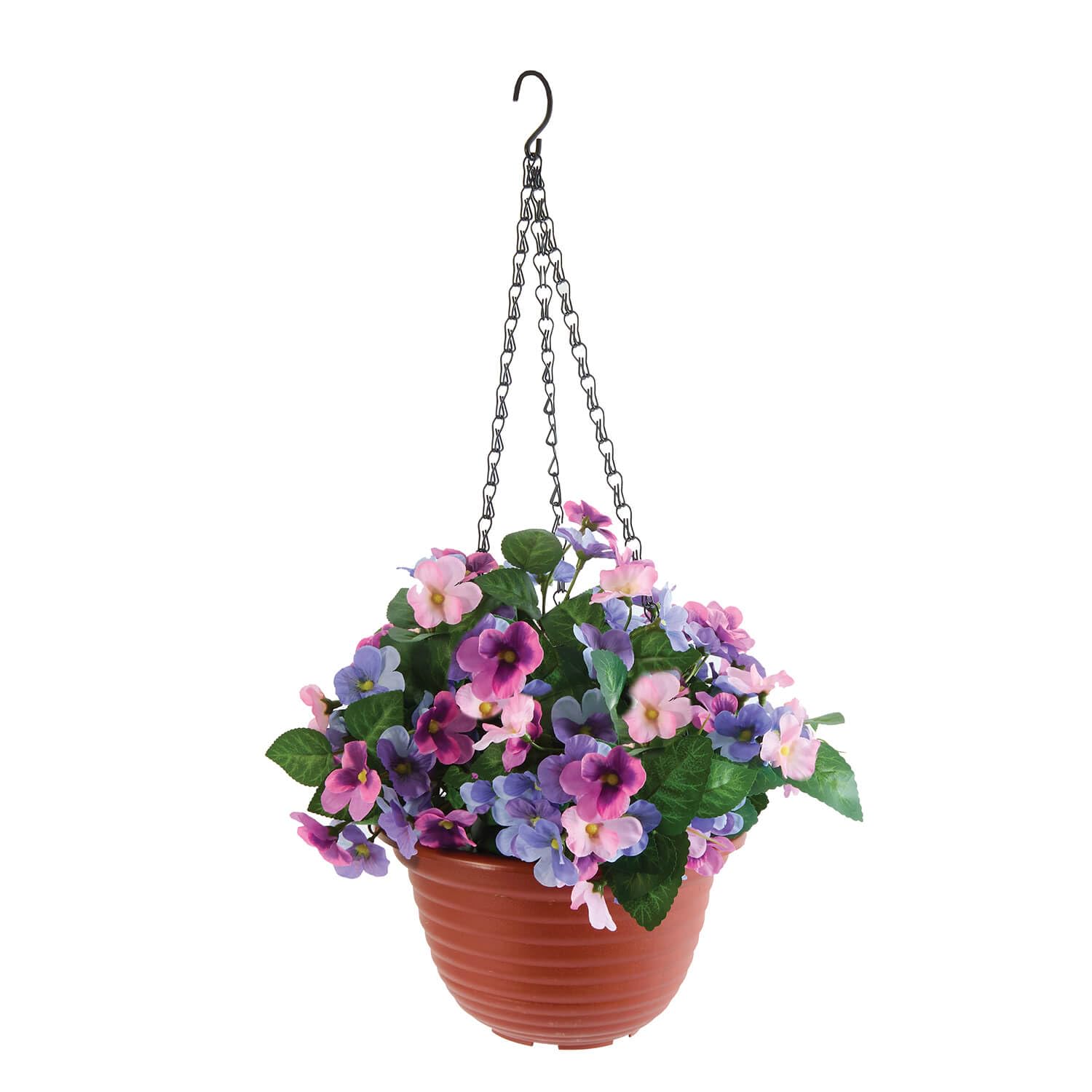 Coopers of Stortford - Faux Pansy Hanging Basket - Vibrant Pink & Purple Blooms - Zero Maintenance - No Watering or Dead-Heading - Triple Chain with Hook - Weather-Resistant Polyester