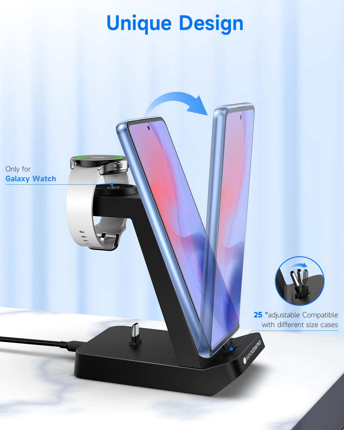 seacosmo 3 en 1 Station Recharge pour Samsung, Chargeur pour A16/A15/A05S/A25/S24 Série, Chargeur sans Fil pour Galaxy Watch 7/6/5 Pro, Support Charge pour Galaxy Buds et Appareils avec Prises Type-C