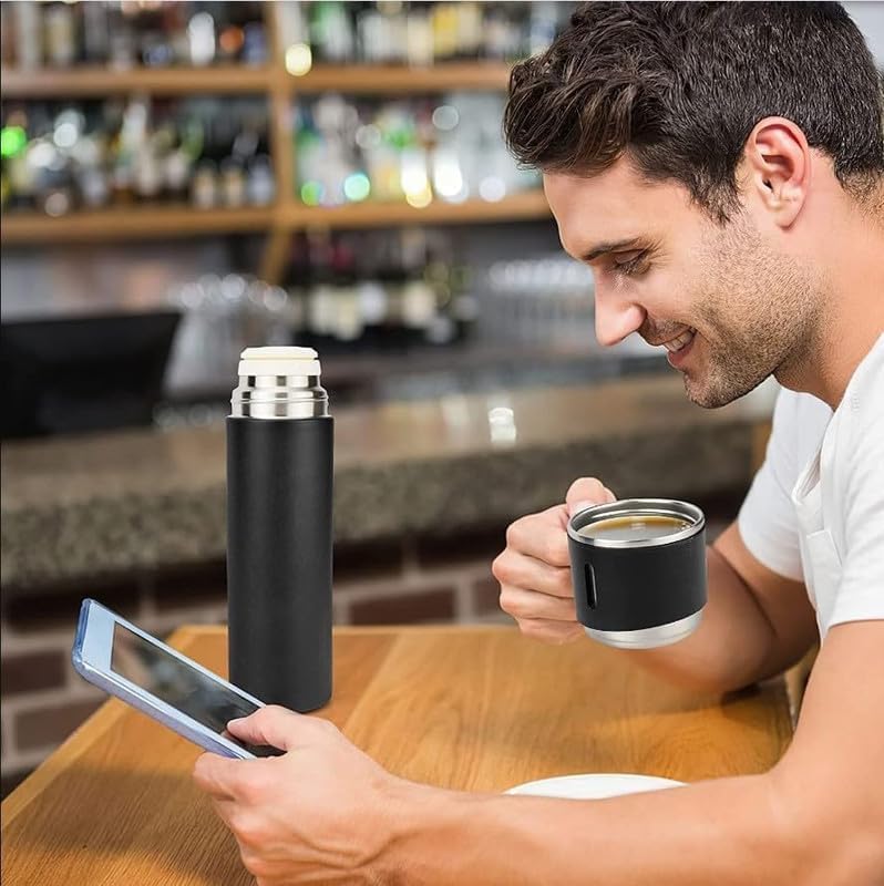 Image of Double Wall Stainless Steel Thermo 500ml Vacuum Insulated Bottle Water Flask Gift Set with Two Cups Hot & Cold Diwali Gifts for Employees Corporate Gift Items (Grey*)(Multi Colour)