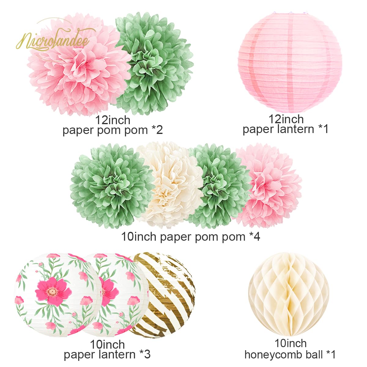NICROLANDEE Decorazioni Per Feste Primaverili: 12 Lanterne Di Carta E Pompon Verde/Rosa, Con Farfalle Oro, Per Matrimoni, Baby Shower, Compleanni