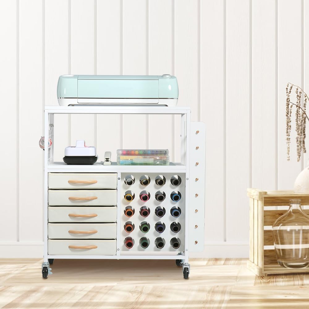 SMONTER Bastelwagen mit 28 Vinylrollenhaltern & 5 Schubladen, Mobiler Rollwagen kompatibel mit Cricut-Maker/Explore, Organizer für Nähatelier und Bastelzimmer, Weiß