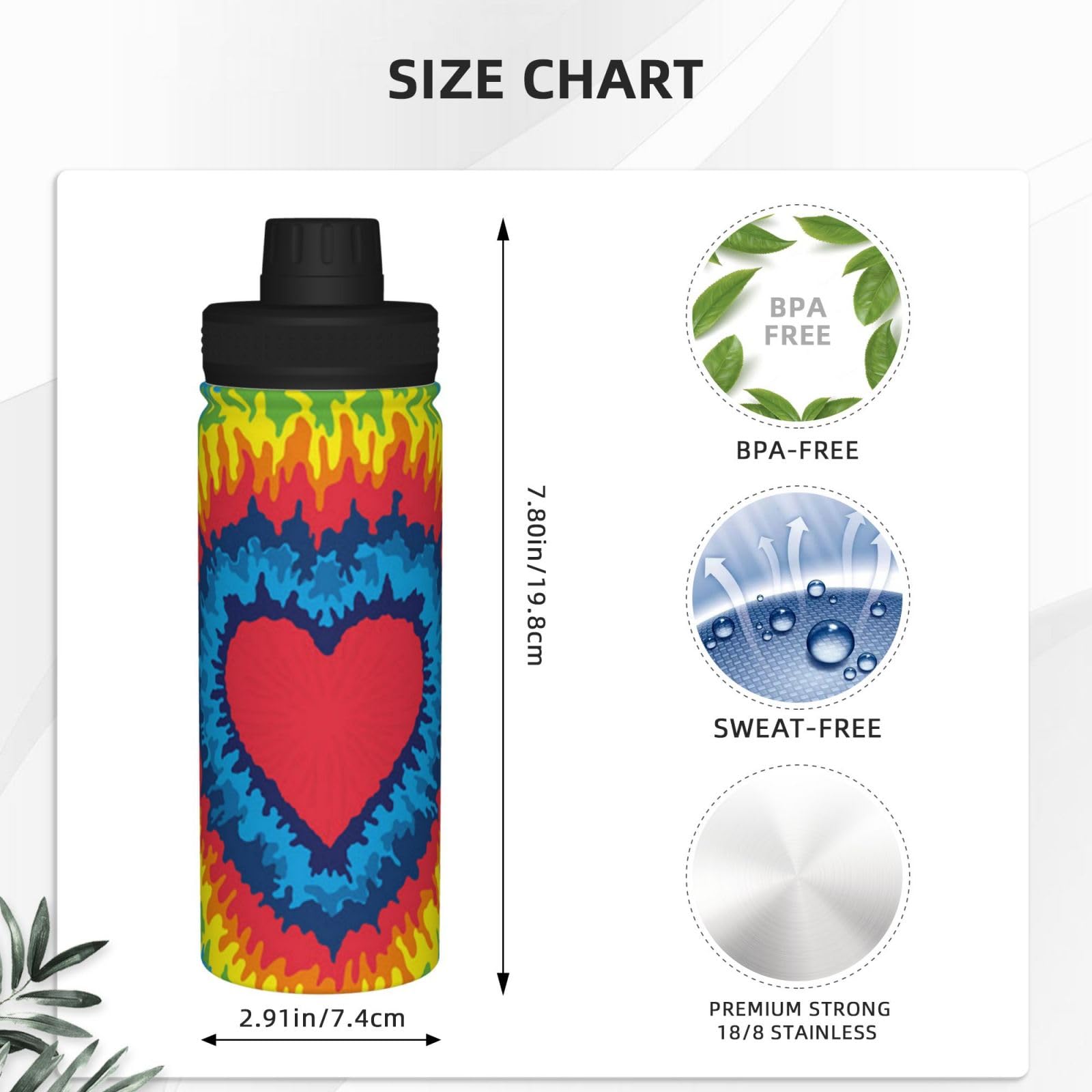 Herz Regenbogen Tie-Dyed Print Wasserflasche Edelstahl Isolierte Flaschen 18oz Sport Wasserflaschen für Männer Frauen