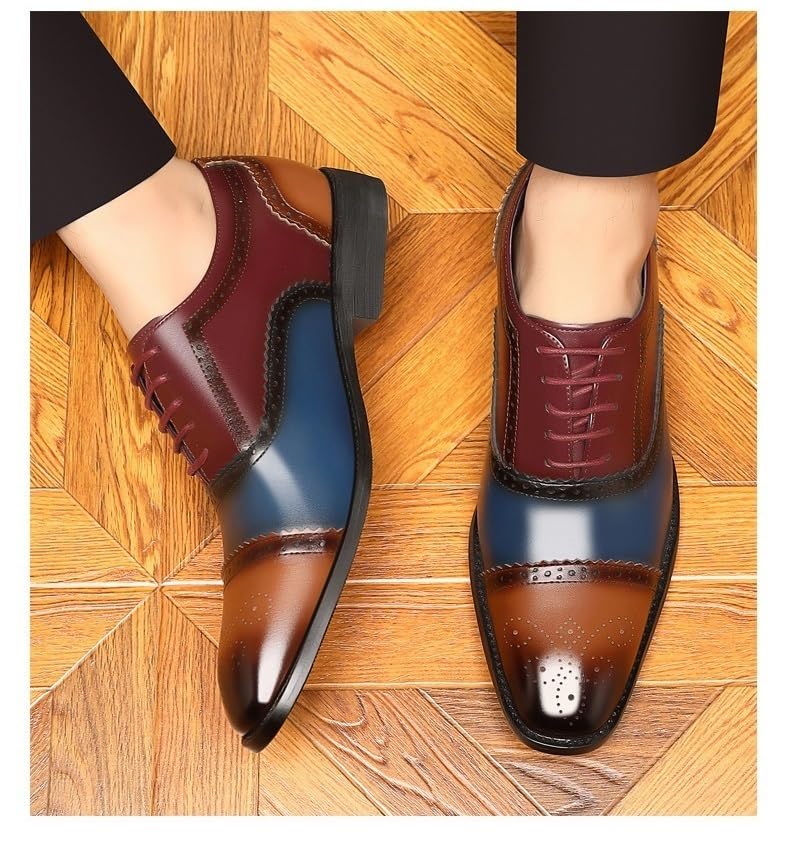 Men Classic Shoes Dress Oxford Men's Casual Lace Up Square Toe Brogue Cap Toe PU Leather Oxford Shoes Block Heel Low Top Anti-Slip Non Slip Rubber Dress Shoes3