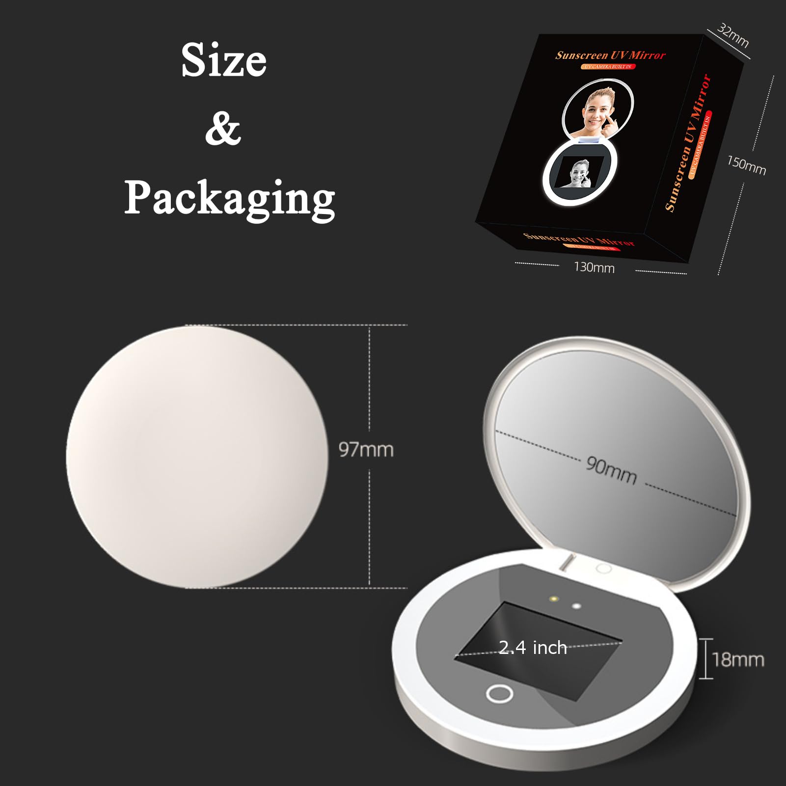 Espejo Compacto con Cámara UV, Espejo de Maquillaje de Viaje con Aumento 2X de 3,5 Pulgadas con Luz para Comprobar el Protector Solar Facial, Espejo de Bolsillo con Luz LED de