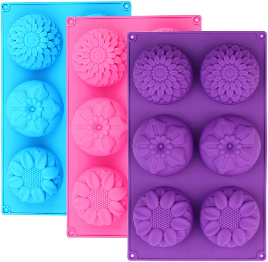Silicone Flower Shape Soap Molds 3 Packs 6-Cavity Trays for Homemade Cake Chocolate Cupcake Mold Fondant Shape Decorating Ice Cube - Purple Blue Pink
