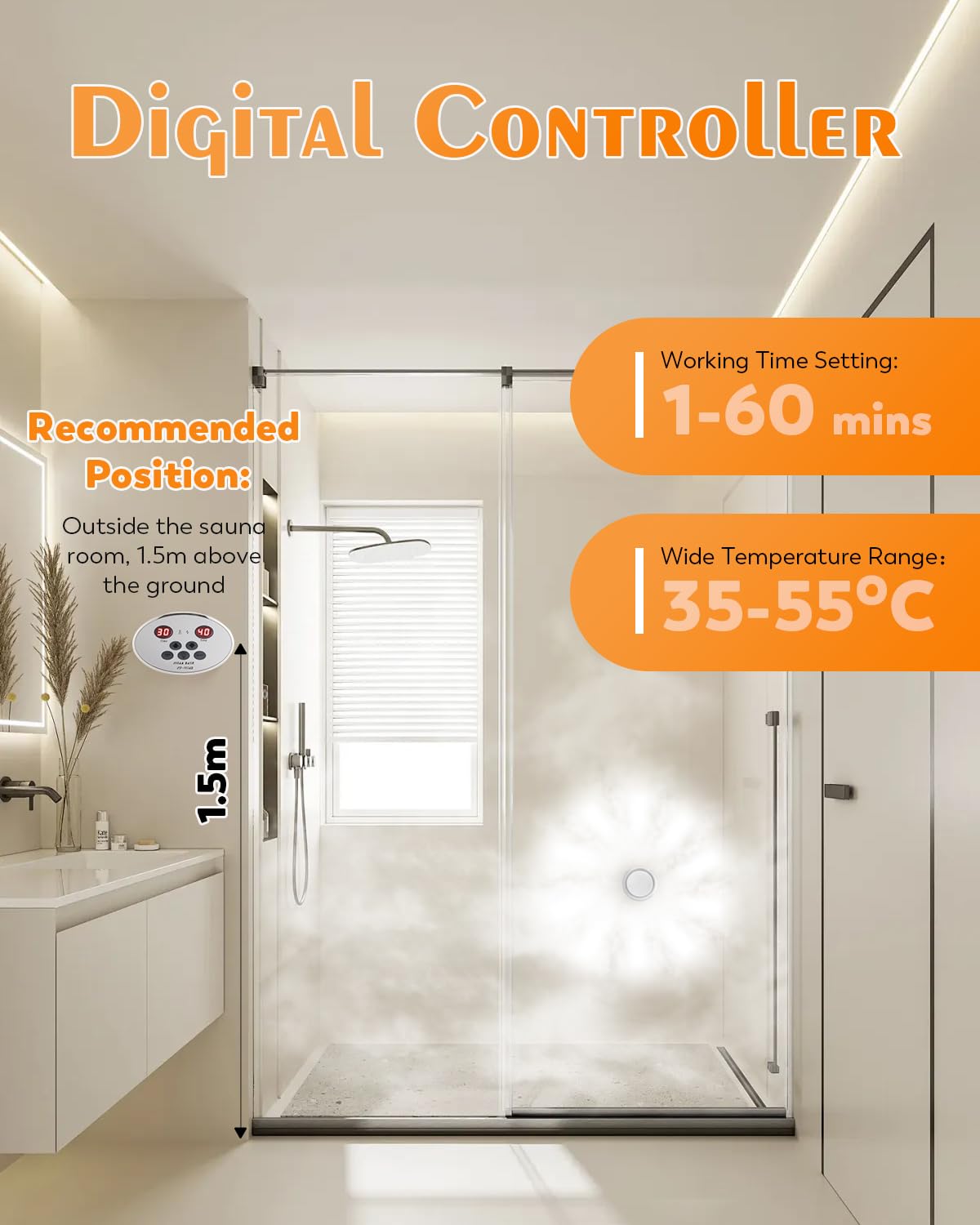 CGOLDENWALL 3 KW Haushalt Sauna Dampfgenerator 220 V, ideal für Sauna/Dusche/Bad/Spa, mit Automatischer Entwässerung, LED-Digital-Regler 35-55℃, für 1.5-3 m3 Raumheizung