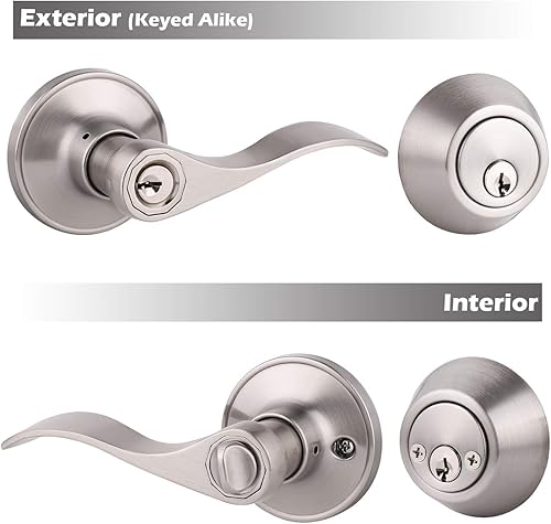Miniatura 5 de Juego de cerradura de palanca de puerta delanteraexterior con cerrojo de doble cilindro con llave similar, acabado de níquel satinado, paquete de 1