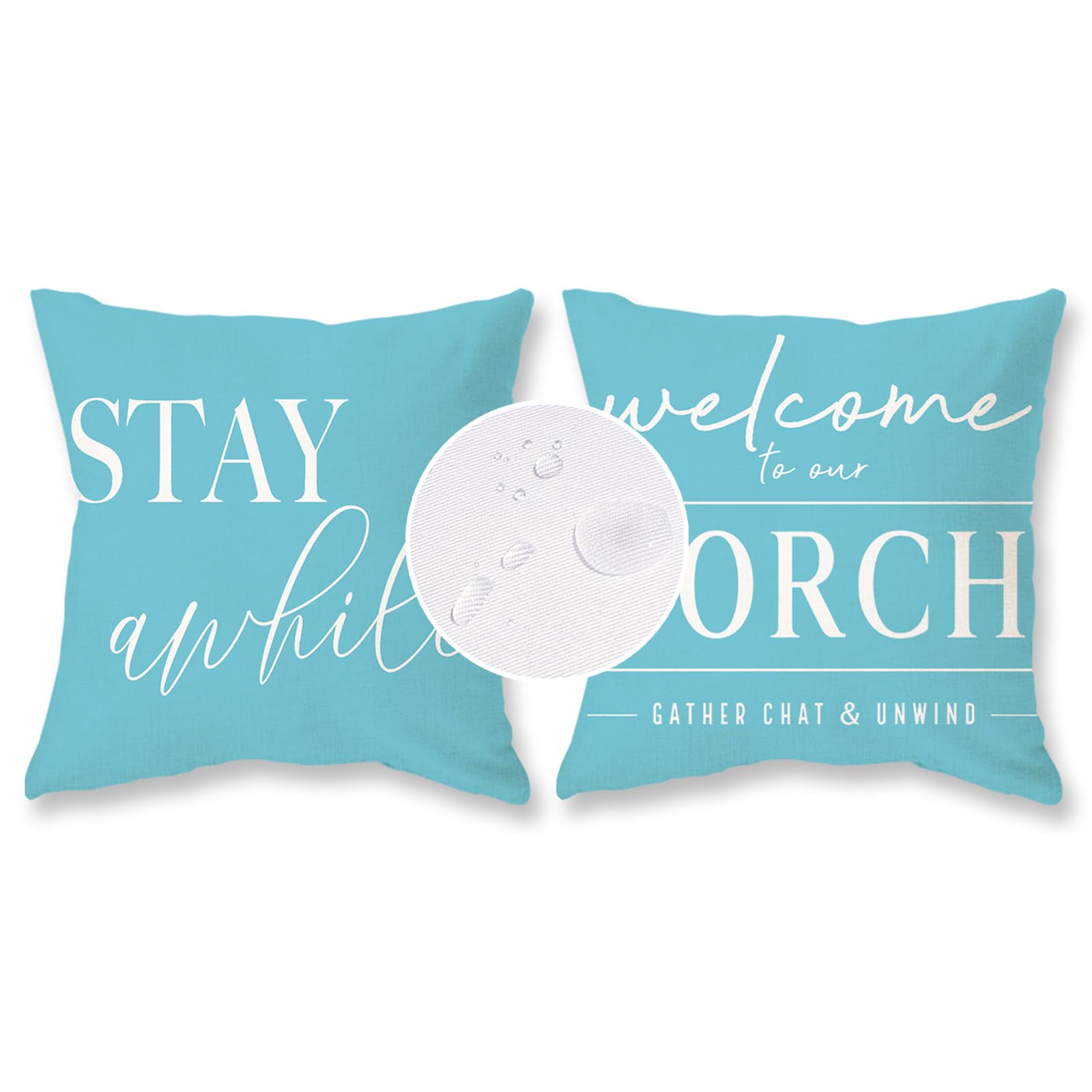 TAJWE Blue Outdoor Pillow Covers Waterproof 18x18 Set of 2 Welcome to Our Porch Stay Awhile Cushion Cases for Patio Furniture Sofa Couch Decor