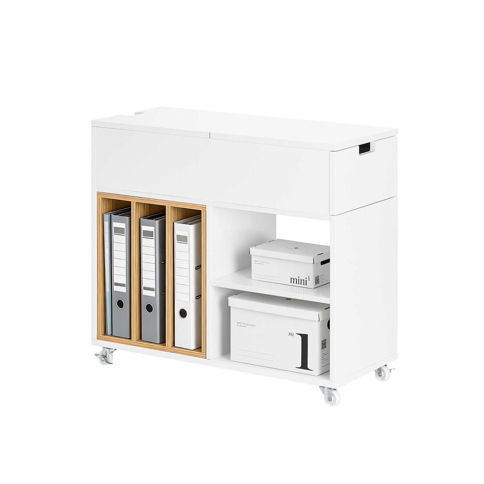 SoBuy Aktenschrankwagen mit Rollen – Mobiler Rollcontainer & Druckerständer fürs Büro, mit klappbarer Oberplatte, Schublade & herausnehmbarer Bücherablage in Naturholz, Weiß, 30 x 61 x 70 cm, FBT134-W