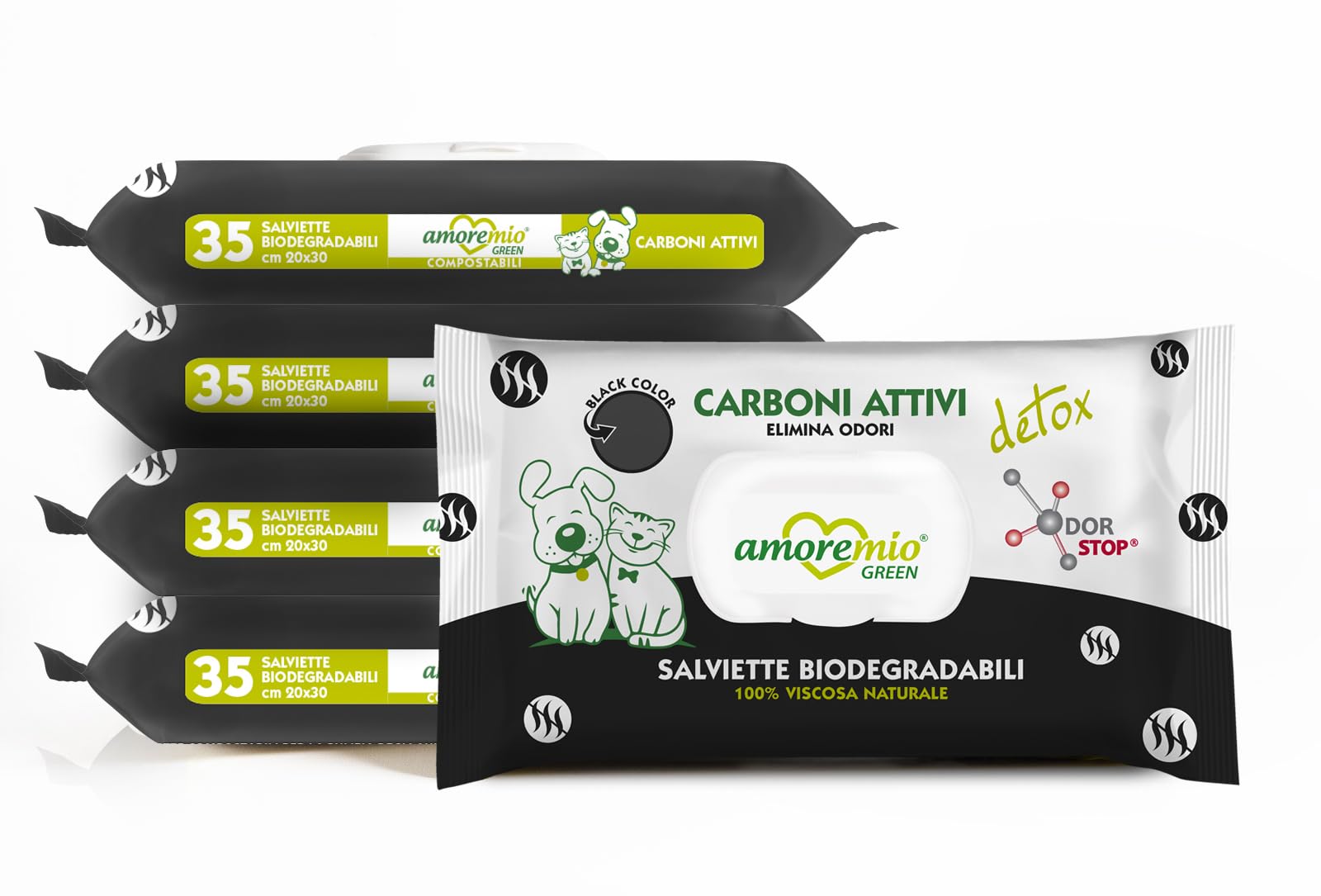 Amore Mio | 175 Salviette Detox ai Carboni Attivi Extra Large per Il Manto di Cani, Gatti, Disinfettanti e Igienizzanti, Salviette Biodegradabili 30x20 cm - 5 Confezioni da 35 Salviettine