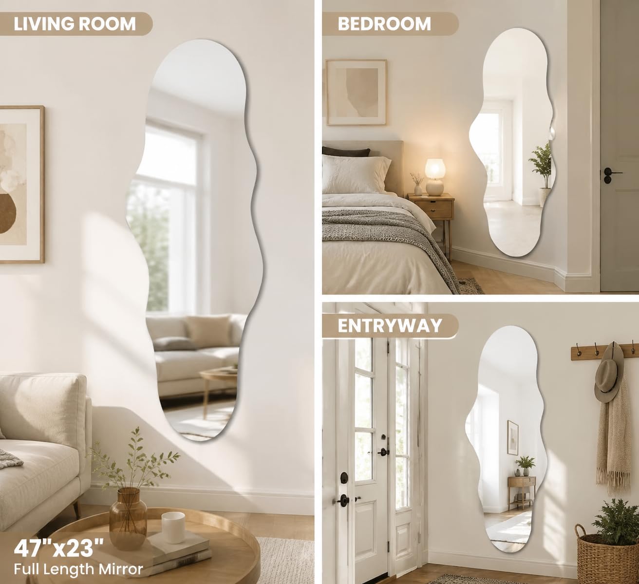 BST FURNH Miroir Pleine Longueur sans Cadre 120 x 59 cm, Forme irrégulière, Blanc – pour Chambre, Salle de Bain, Salon, Coiffeuse et Mur