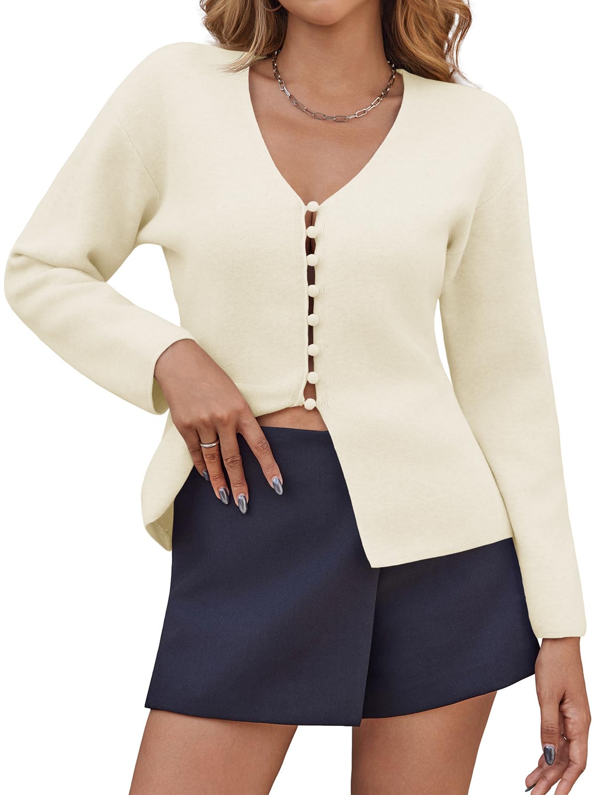 Saodimallsu Womens V Neck Cardigan Sweaters Button Up Fall Trendy Front Split Long Sleeve Sweater Blazer
