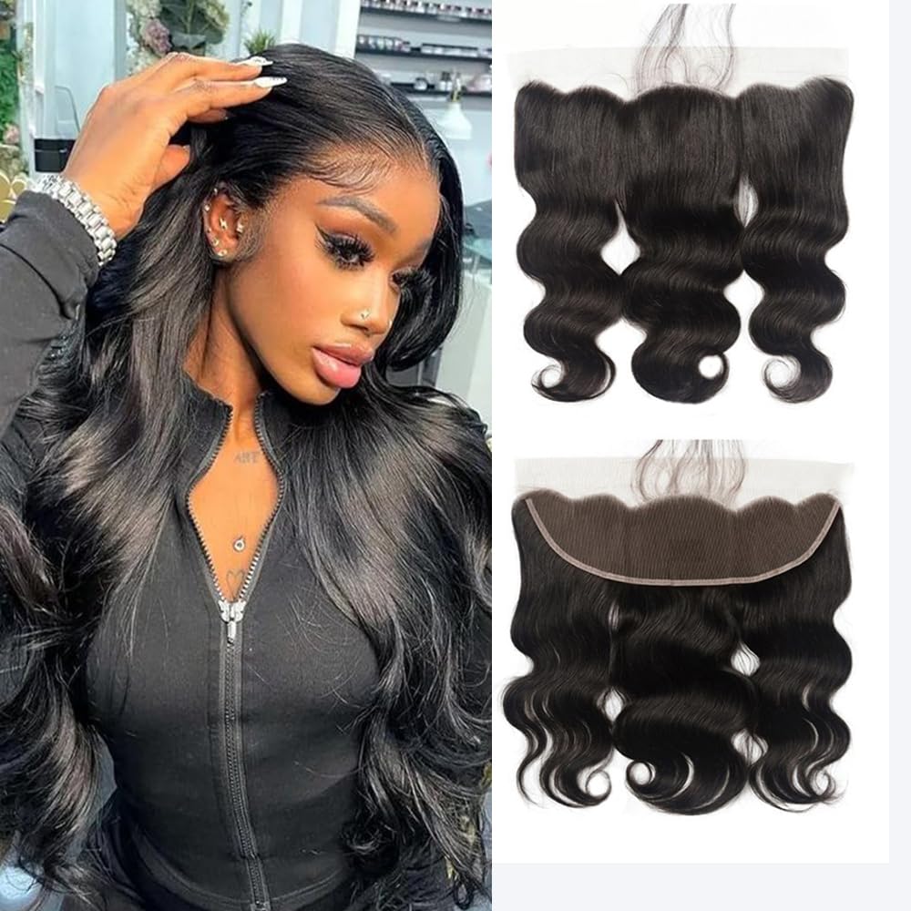 Brazilian Virgin Body Wave Human Hair Transparent 13x4 Lace Frontal 100% Unprocessed Virgin Body Wave human hair Ear to Ear HD Lace Front Natural Black Color (Body 13x4 lace frontal