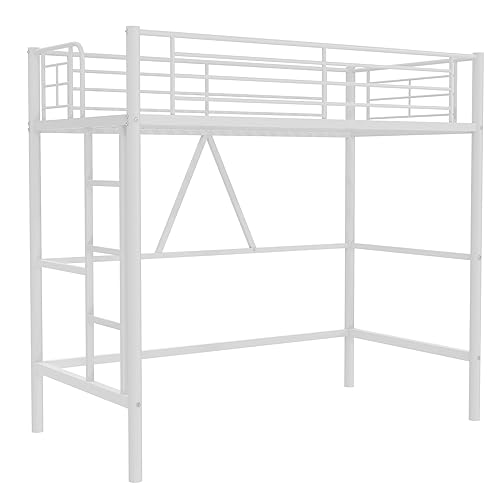 Miniatura 7 de VECELO Cama alta de metal tamaño individual, base de cama resistente con escalera extraíble y barandilla de seguridad, ahorro de espacio, sin ruido,