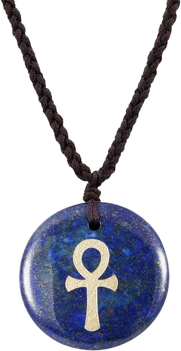 Egyptian Ankh Cross Engraved Round Stone Amulet Pendant Necklace, Adjustable Wave Necklaces for Unisex