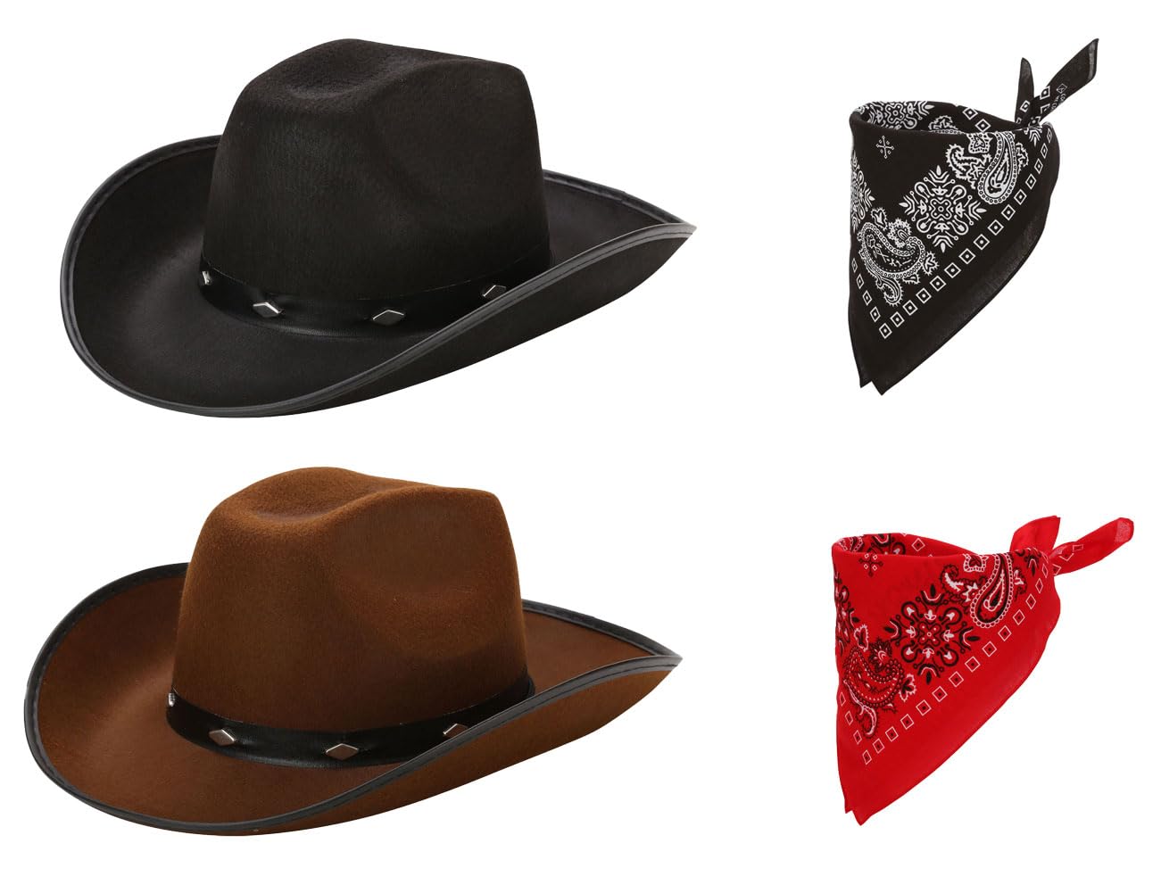 Sponsored Ad – 2PCS Western Cowboy Hats (1 x Black + 1 x Brown) & 2PCS Bandanas (1 x Black + 1 x Red), Hen Stag Fancy Dress, Adult Party Accessories, 56cm