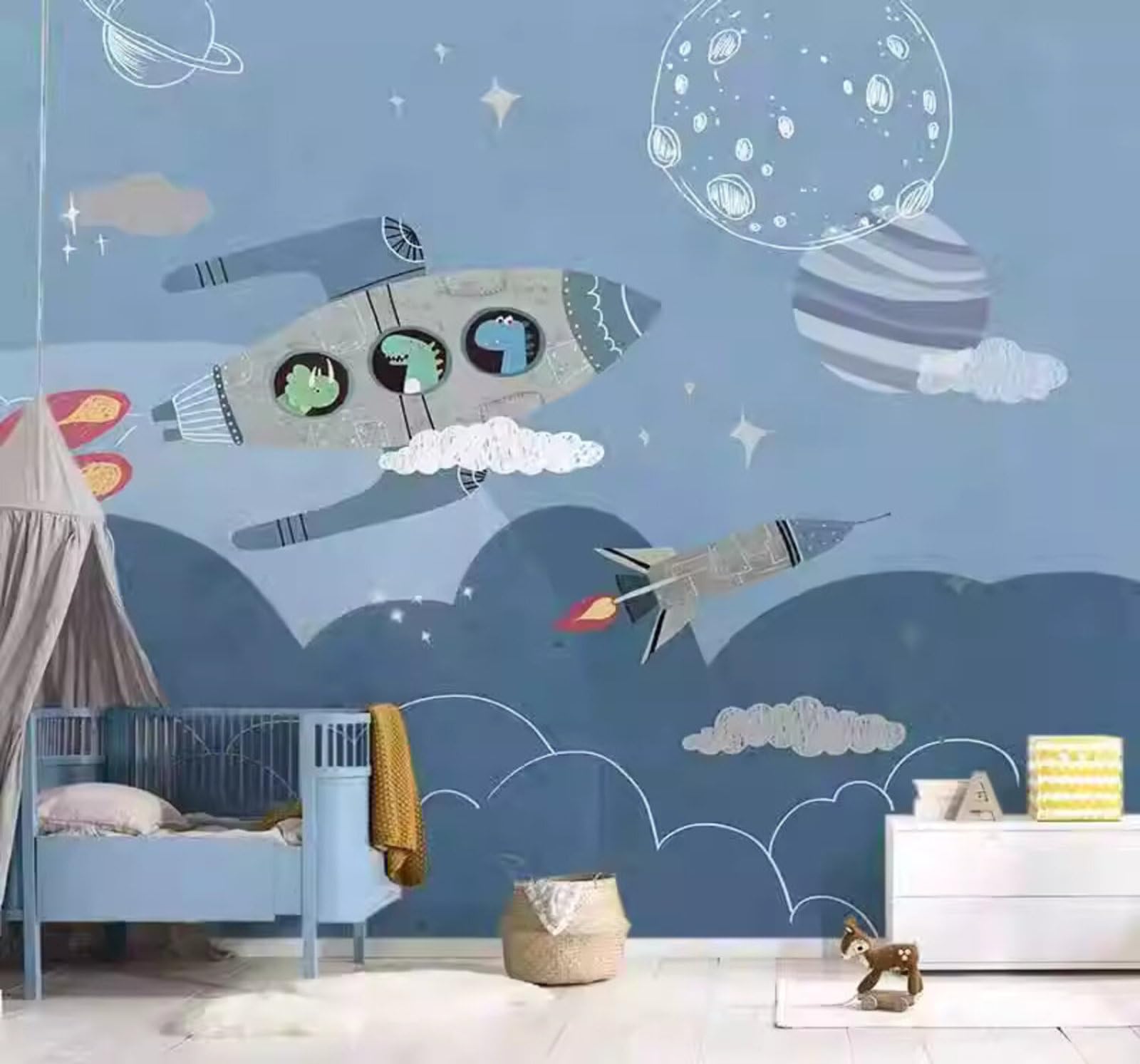 Cartoon Rocket Pilot Aeroplane Starry Sky 3D Wallpaper Easy Install Feature Office Living Room Sofa Bedroom TV Background Wall Decoration-430cm×300cm
